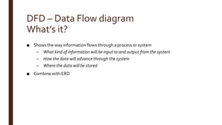 DFD – Data Flow diagram
What’s it?
■ Shows the way information flows through a process or system
– What kind of information will be input to and output from the system
– How the data will advance through the system
– Where the data will be stored
■ Combine with ERD
 
