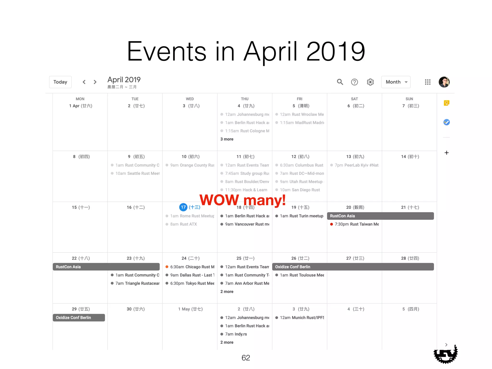 Events in April 2019
!62
WOW many!
 