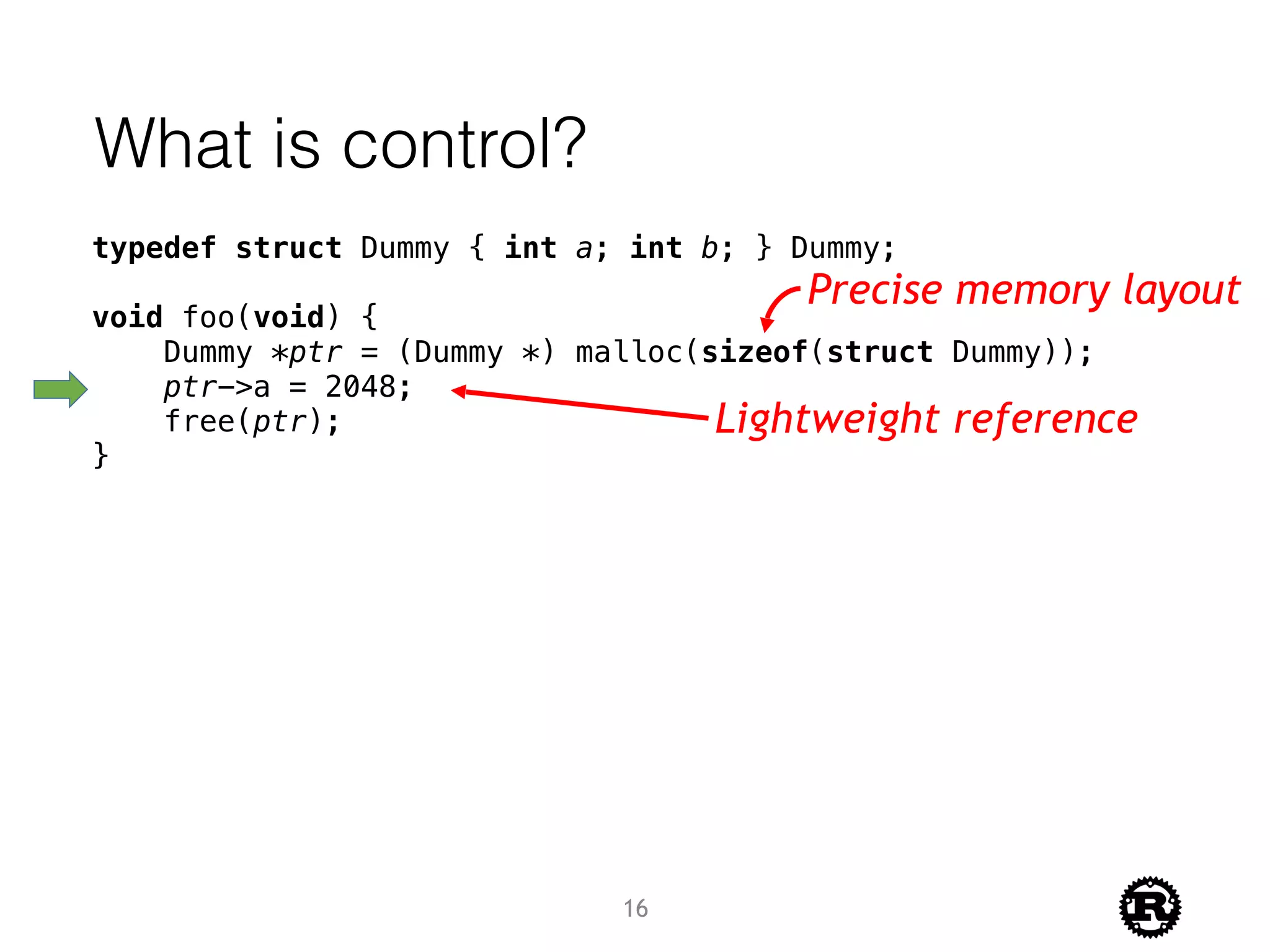 What is control?
typedef struct Dummy { int a; int b; } Dummy;
void foo(void) {
Dummy *ptr = (Dummy *) malloc(sizeof(struct Dummy));
ptr->a = 2048;
free(ptr);
}
Precise memory layout
Lightweight reference
16
 