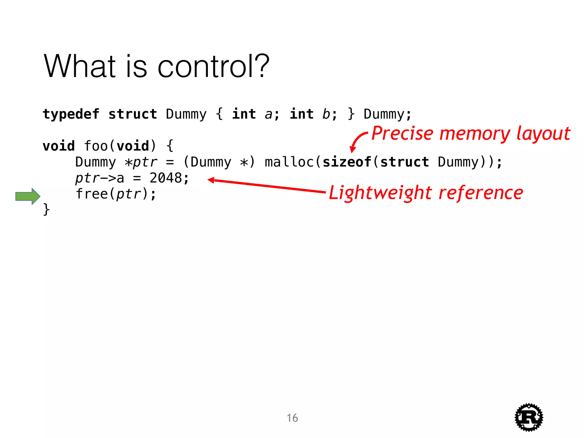 What is control?
typedef struct Dummy { int a; int b; } Dummy;
void foo(void) {
Dummy *ptr = (Dummy *) malloc(sizeof(struct Dummy));
ptr->a = 2048;
free(ptr);
}
Precise memory layout
Lightweight reference
16
 