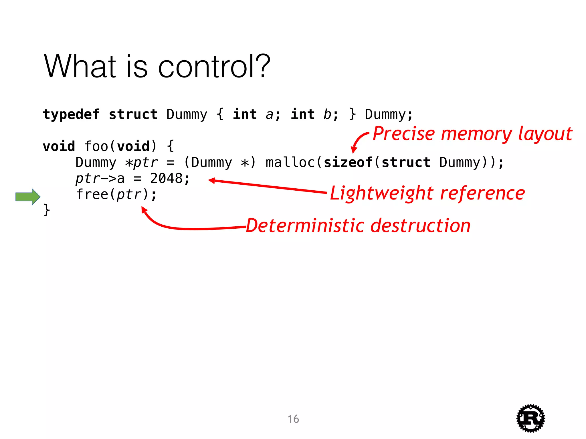 What is control?
typedef struct Dummy { int a; int b; } Dummy;
void foo(void) {
Dummy *ptr = (Dummy *) malloc(sizeof(struct Dummy));
ptr->a = 2048;
free(ptr);
}
Precise memory layout
Lightweight reference
Deterministic destruction
16
 