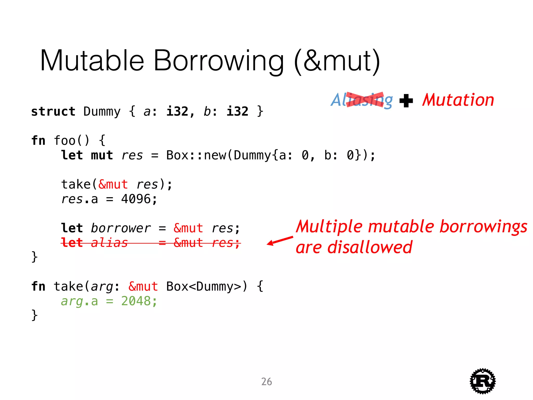 Mutable Borrowing (&mut)
Aliasing Mutation
struct Dummy { a: i32, b: i32 }
fn foo() {
let mut res = Box::new(Dummy{a: 0, b: 0});
take(&mut res);
res.a = 4096;
let borrower = &mut res;
let alias = &mut res;
}
fn take(arg: &mut Box<Dummy>) {
arg.a = 2048;
}
Multiple mutable borrowings
are disallowed
26
 