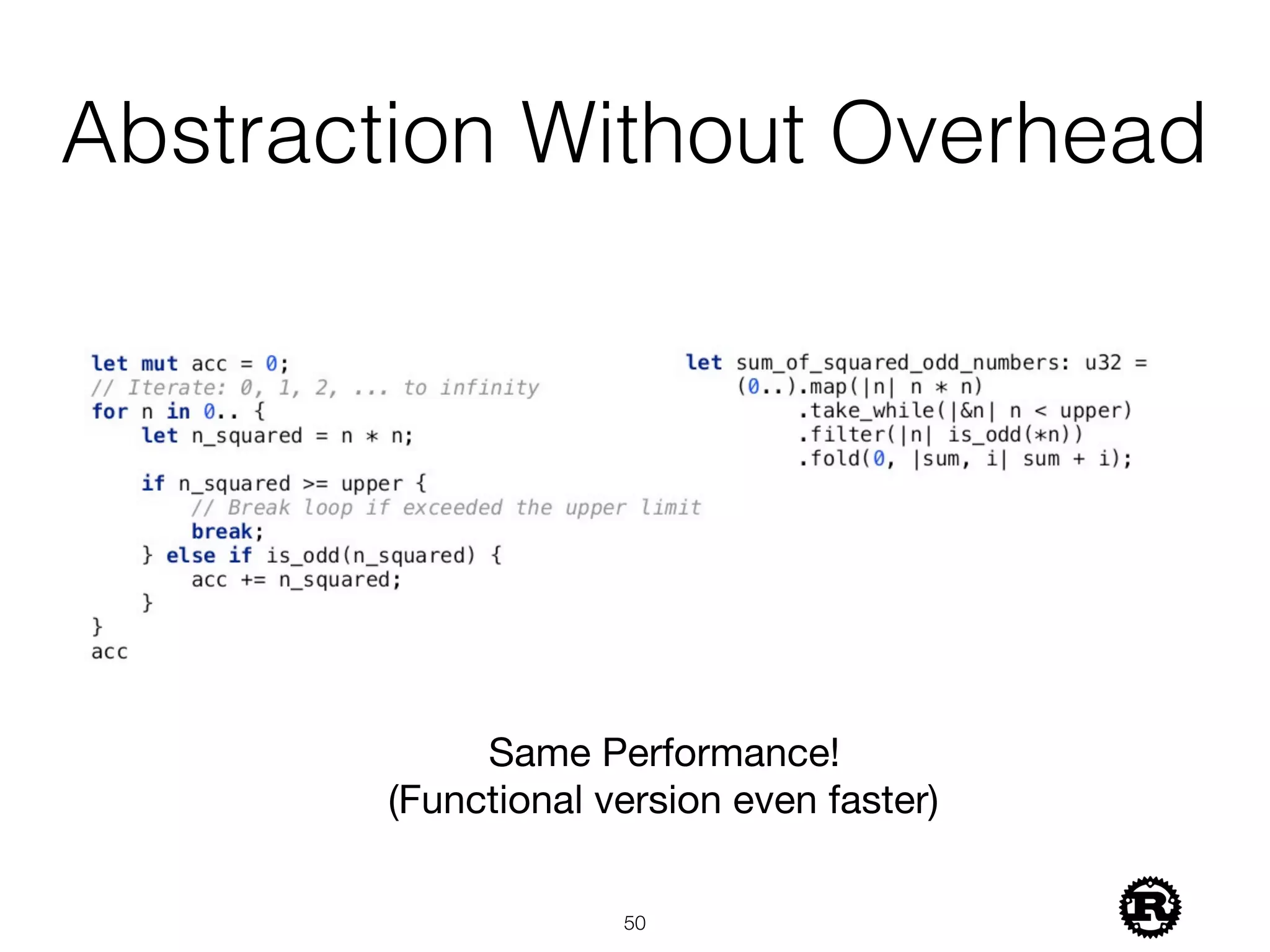 Abstraction Without Overhead
!50
Same Performance! 
(Functional version even faster)
 