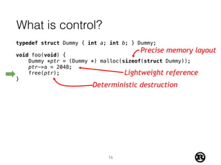 What is control?
typedef struct Dummy { int a; int b; } Dummy;
void foo(void) {
Dummy *ptr = (Dummy *) malloc(sizeof(struct Dummy));
ptr->a = 2048;
free(ptr);
}
Precise memory layout
Lightweight reference
Deterministic destruction
16
 