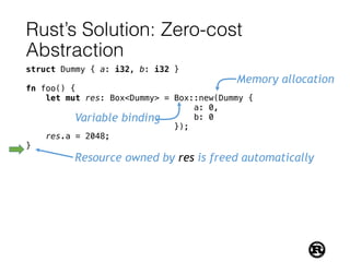 Rust’s Solution: Zero-cost
Abstraction
struct Dummy { a: i32, b: i32 }
fn foo() {
let mut res: Box<Dummy> = Box::new(Dummy {
a: 0,
b: 0
});
res.a = 2048;
}
Variable binding
Memory allocation
Resource owned by res is freed automatically
 