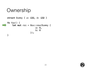 Ownership
struct Dummy { a: i32, b: i32 }
fn foo() {
let mut res = Box::new(Dummy {
a: 0,
b: 0
});
}
20
 