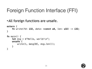Foreign Function Interface (FFI)
•All foreign functions are unsafe.
extern {
fn write(fd: i32, data: *const u8, len: u32) -> i32;
}
fn main() {
let msg = b”Hello, world!n”;
unsafe {
write(1, &msg[0], msg.len());
}
}
34
 
