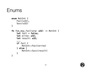 Enums
enum RetInt {
Fail(u32),
Succ(u32)
}
fn foo_may_fail(arg: u32) -> RetInt {
let fail = false;
let errno: u32;
let result: u32;
...
if fail {
RetInt::Fail(errno)
} else {
RetInt::Succ(result)
}
}
38
 