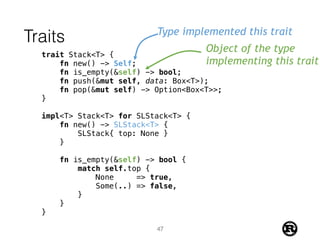 Traits
trait Stack<T> {
fn new() -> Self;
fn is_empty(&self) -> bool;
fn push(&mut self, data: Box<T>);
fn pop(&mut self) -> Option<Box<T>>;
}
impl<T> Stack<T> for SLStack<T> {
fn new() -> SLStack<T> {
SLStack{ top: None }
}
fn is_empty(&self) -> bool {
match self.top {
None => true,
Some(..) => false,
}
}
}
Type implemented this trait
Object of the type
implementing this trait
47
 