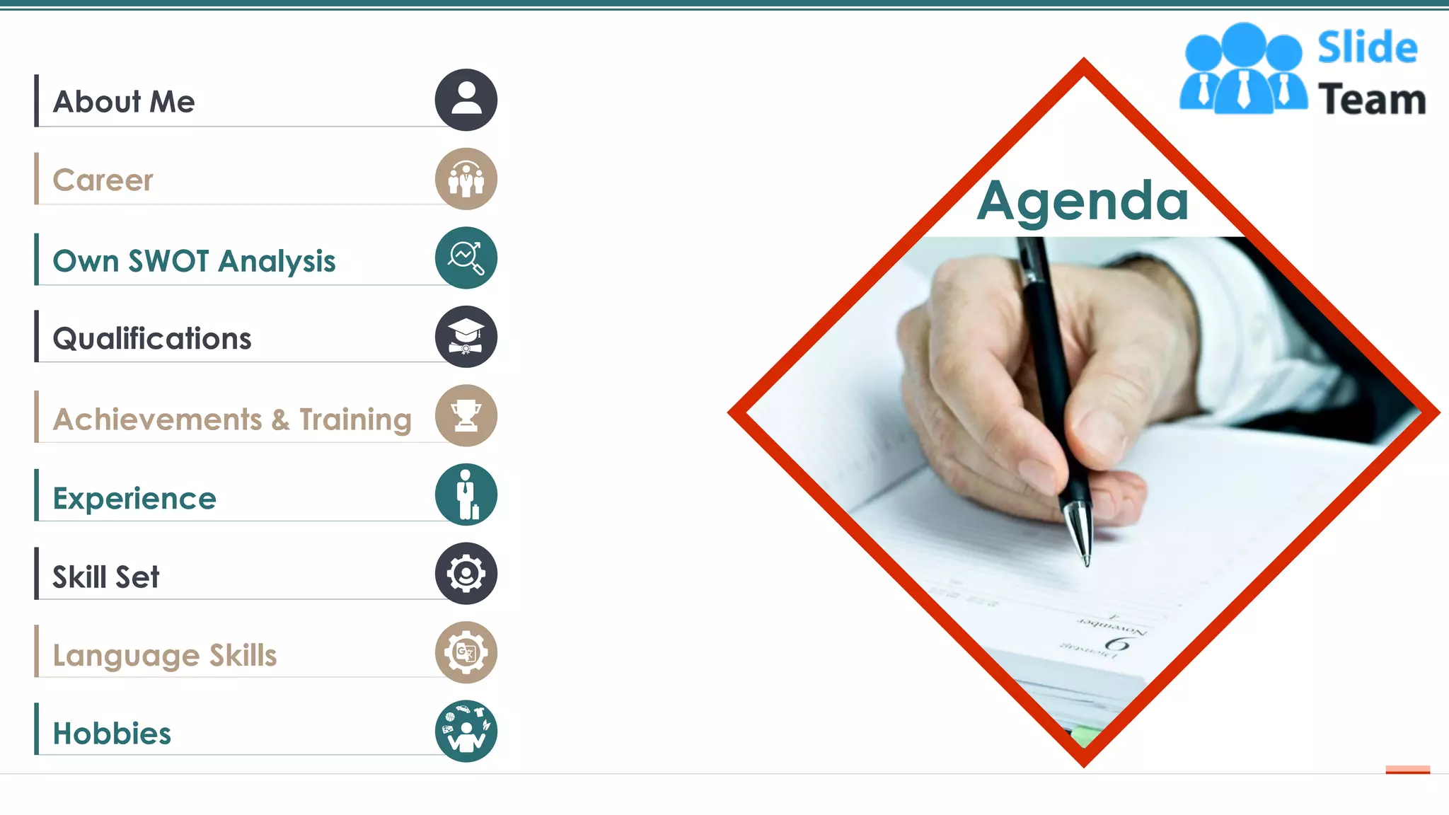 2
Agenda
About Me
Career
Own SWOT Analysis
Qualifications
Achievements & Training
Experience
Skill Set
Language Skills
Hobbies
 