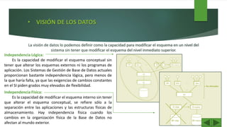 Independencia Física:
Es la capacidad de modificar el esquema interno sin tener
que alterar el esquema conceptual, se refiere sólo a la
separación entre las aplicaciones y las estructuras físicas de
almacenamiento. Hay independencia física cuando los
cambios en la organización física de la Base de Datos no
afectan al mundo exterior.
• VISIÓN DE LOS DATOS
La visión de datos lo podemos definir como la capacidad para modificar el esquema en un nivel del
sistema sin tener que modificar el esquema del nivel inmediato superior.
Independencia Lógica:
Es la capacidad de modificar el esquema conceptual sin
tener que alterar los esquemas externos ni los programas de
aplicación. Los Sistemas de Gestión de Base de Datos actuales
proporcionan bastante independencia lógica, pero menos de
la que haría falta, ya que las exigencias de cambios constantes
en el SI piden grados muy elevados de flexibilidad.
 
