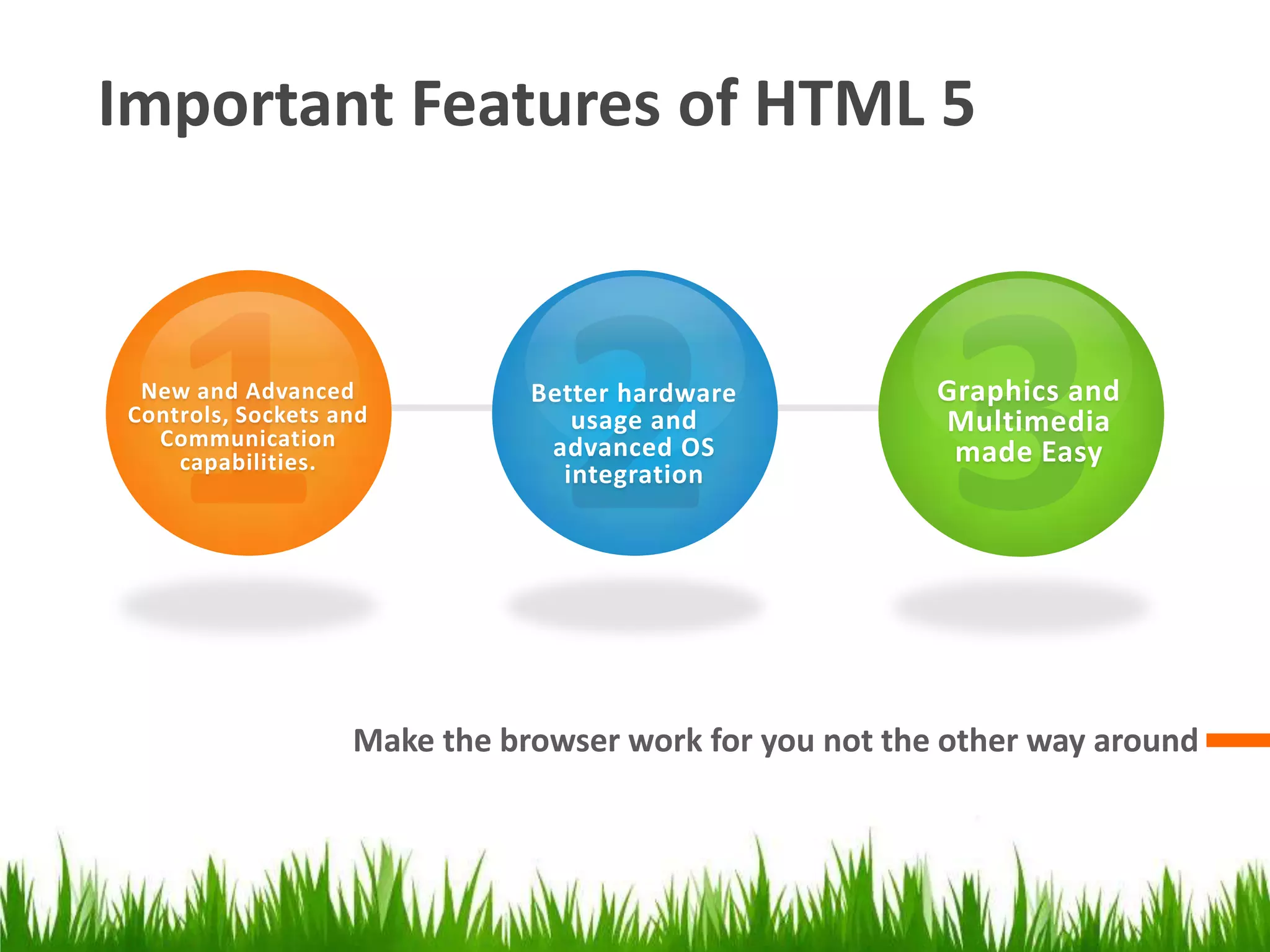 Important Features of HTML 5132Graphics and Multimedia made EasyNew and Advanced Controls, Sockets and Communication capabilities.Better hardware usage and advanced OS integrationMake the browser work for you not the other way around
