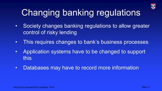 Changing banking regulations
•

Society changes banking regulations to allow greater
control of risky lending

•

This requires changes to bank’s business processes

•

Application systems have to be changed to support
this

•

Databases may have to record more information

Introducing sociotechnical systems, 2013

Slide 17

 