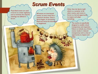 Scrum EventsScrum Events
Prescribed events are used
in Scrum to create regularity
and to minimize the need for
meetings not defined in
Scrum.
All events are time-boxed
events, as every event has a
maximum duration. Once a
Sprint begins, its duration is
fixed and cannot be shortened
or lengthened.
Other than the Sprint itself,
which is a container of all
other events, each event in
Scrum is a formal opportunity
to inspect and adapt
something.
The events are specifically
designed to enable critical
transparency and inspection.
Failure to include any of these
events results in reduced
transparency and is a lost of
opportunity to inspect and
adapt.
 