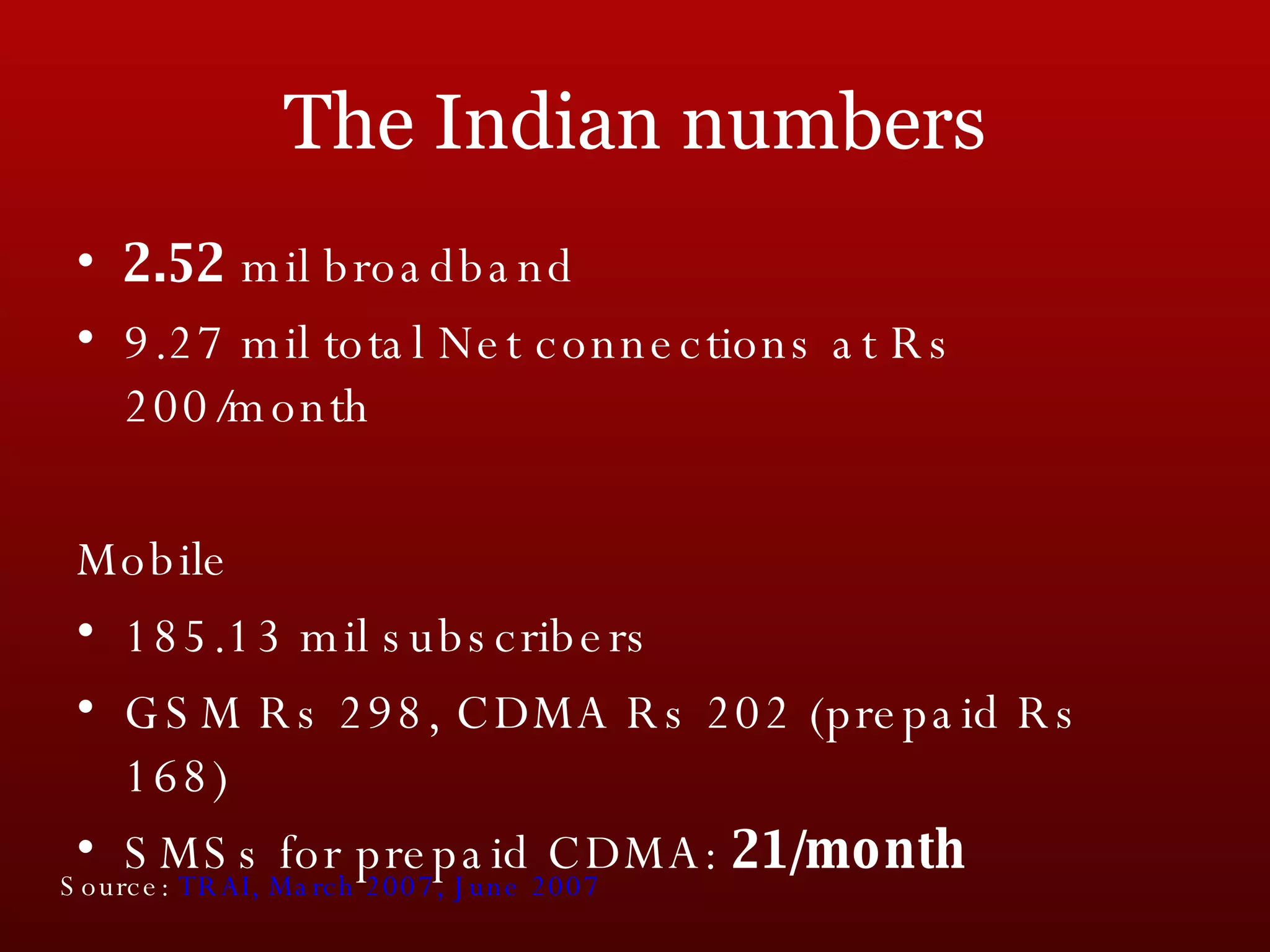 The Indian numbers 2.52  mil broadband  9.27 mil total Net connections at Rs 200/month Mobile 185.13 mil subscribers GSM Rs 298, CDMA Rs 202 (prepaid Rs 168)  SMSs for prepaid CDMA:  21/month Source:  TRAI, March 2007, June 2007    