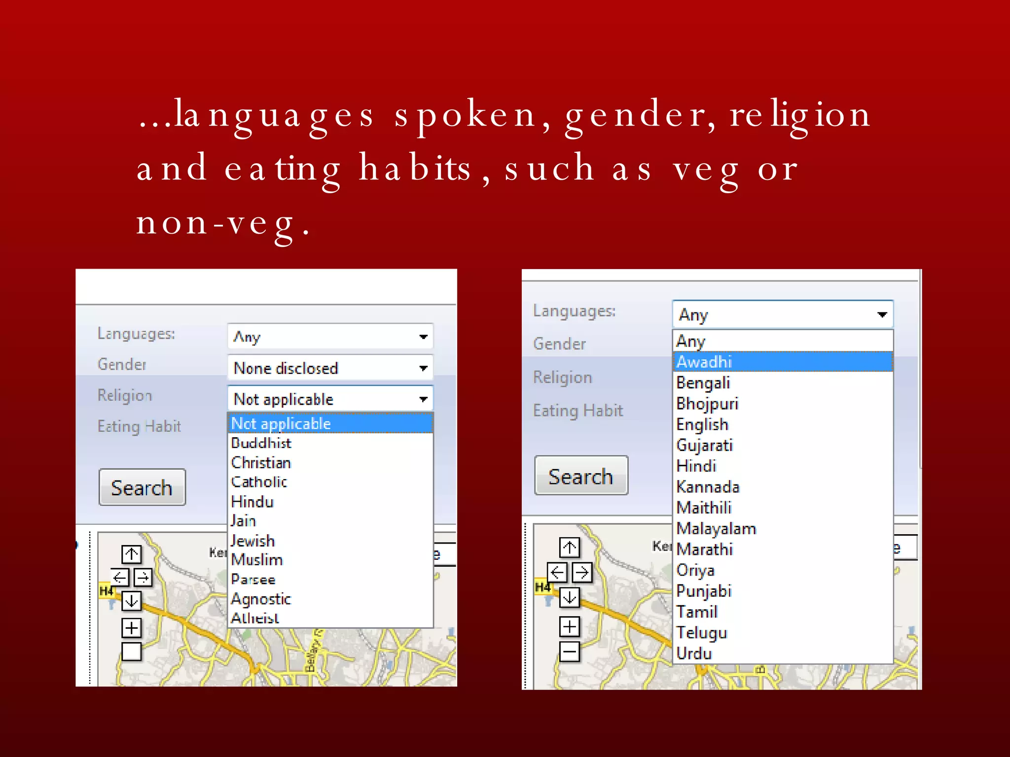 ...languages spoken, gender, religion and eating habits, such as veg or non-veg. 