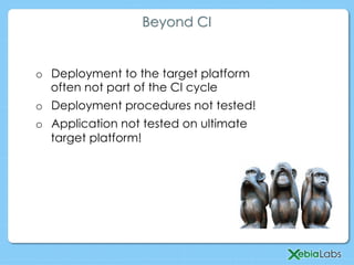 Beyond CI
o  Deployment to the target platform
often not part of the CI cycle
o  Deployment procedures not tested!
o  Application not tested on ultimate
target platform!
 