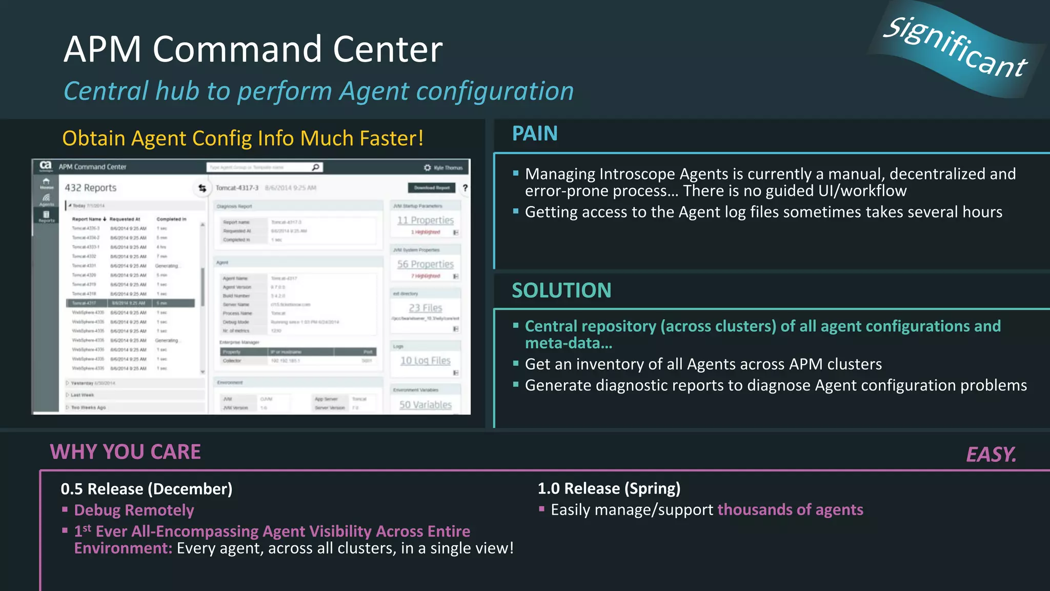 APM Command Center
Central hub to perform Agent configuration
WHY YOU CARE
Obtain Agent Config Info Much Faster!
 Managing Introscope Agents is currently a manual, decentralized and
error-prone process… There is no guided UI/workflow
 Getting access to the Agent log files sometimes takes several hours
 Central repository (across clusters) of all agent configurations and
meta-data…
 Get an inventory of all Agents across APM clusters
 Generate diagnostic reports to diagnose Agent configuration problems
0.5 Release (December)
 Debug Remotely
 1st Ever All-Encompassing Agent Visibility Across Entire
Environment: Every agent, across all clusters, in a single view!
EASY.
1.0 Release (Spring)
 Easily manage/support thousands of agents
PAIN
SOLUTION
 