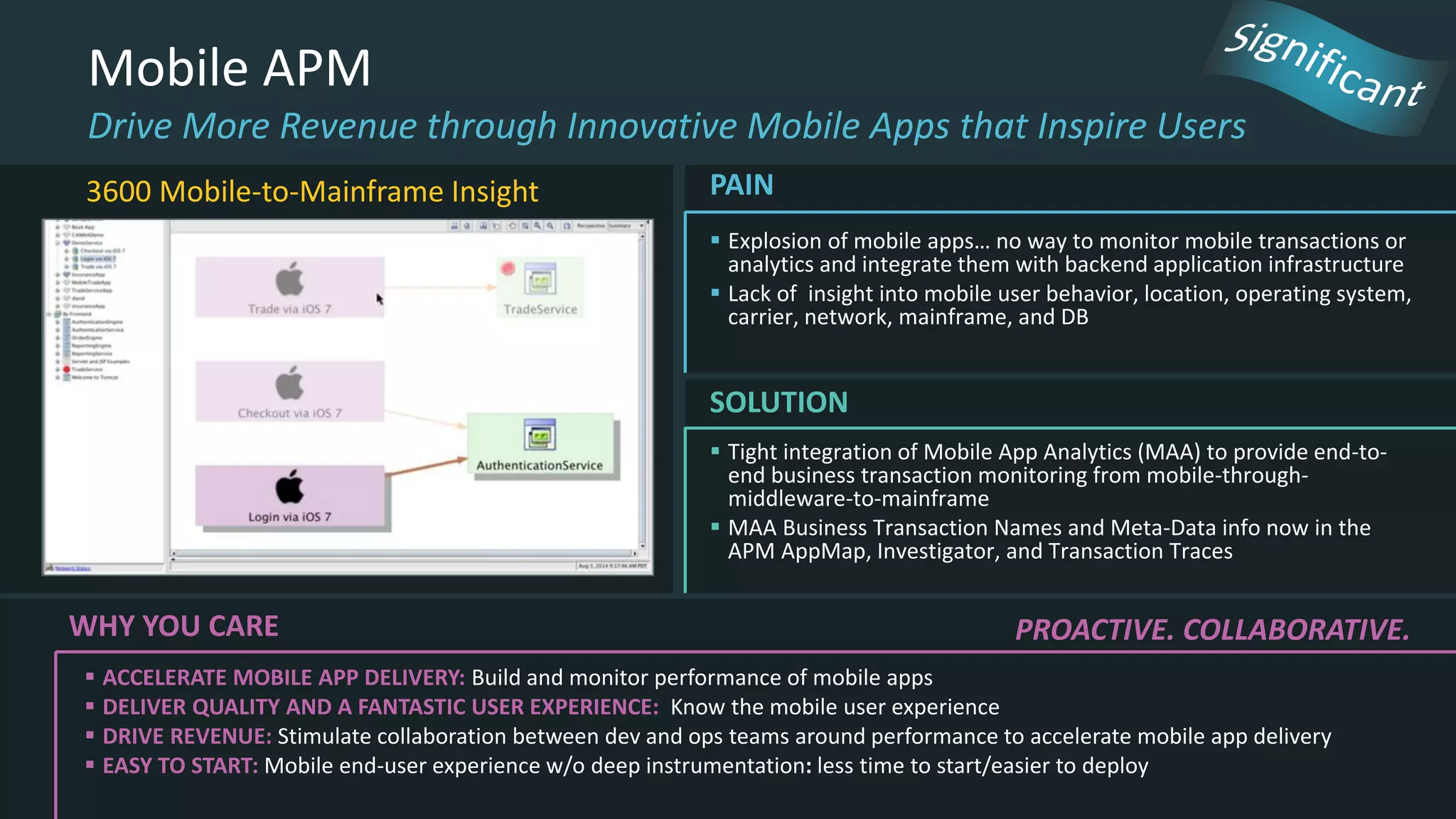 3600 Mobile-to-Mainframe Insight
 Tight integration of Mobile App Analytics (MAA) to provide end-to-
end business transaction monitoring from mobile-through-
middleware-to-mainframe
 MAA Business Transaction Names and Meta-Data info now in the
APM AppMap, Investigator, and Transaction Traces
SOLUTION
Mobile APM
Drive More Revenue through Innovative Mobile Apps that Inspire Users
 Explosion of mobile apps… no way to monitor mobile transactions or
analytics and integrate them with backend application infrastructure
 Lack of insight into mobile user behavior, location, operating system,
carrier, network, mainframe, and DB
PAIN
WHY YOU CARE
 ACCELERATE MOBILE APP DELIVERY: Build and monitor performance of mobile apps
 DELIVER QUALITY AND A FANTASTIC USER EXPERIENCE: Know the mobile user experience
 DRIVE REVENUE: Stimulate collaboration between dev and ops teams around performance to accelerate mobile app delivery
 EASY TO START: Mobile end-user experience w/o deep instrumentation: less time to start/easier to deploy
PROACTIVE. COLLABORATIVE.
 