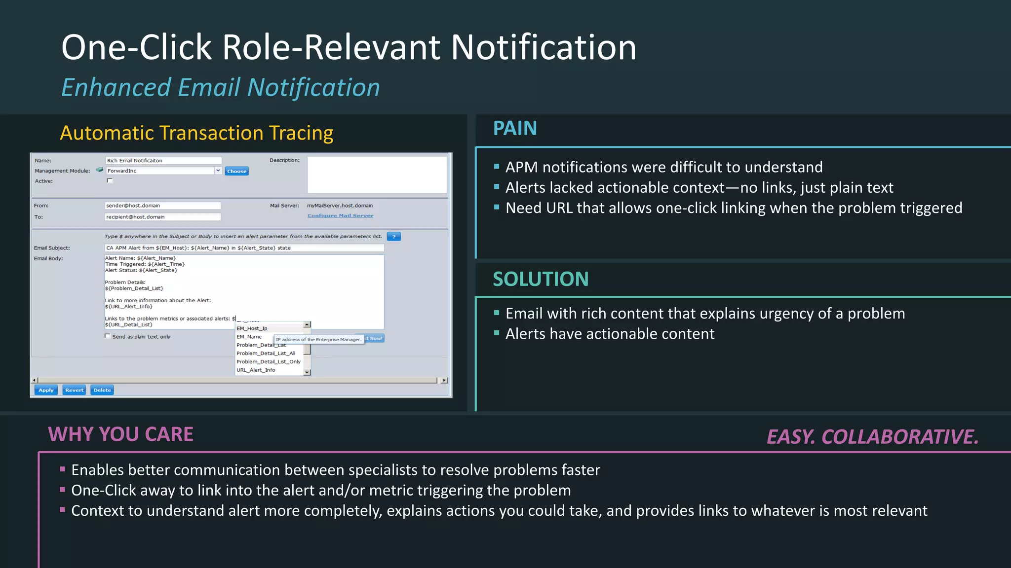 WHY YOU CARE
 Enables better communication between specialists to resolve problems faster
 One-Click away to link into the alert and/or metric triggering the problem
 Context to understand alert more completely, explains actions you could take, and provides links to whatever is most relevant
EASY. COLLABORATIVE.
One-Click Role-Relevant Notification
Enhanced Email Notification
 APM notifications were difficult to understand
 Alerts lacked actionable context—no links, just plain text
 Need URL that allows one-click linking when the problem triggered
PAIN
 Email with rich content that explains urgency of a problem
 Alerts have actionable content
SOLUTION
Automatic Transaction Tracing
 