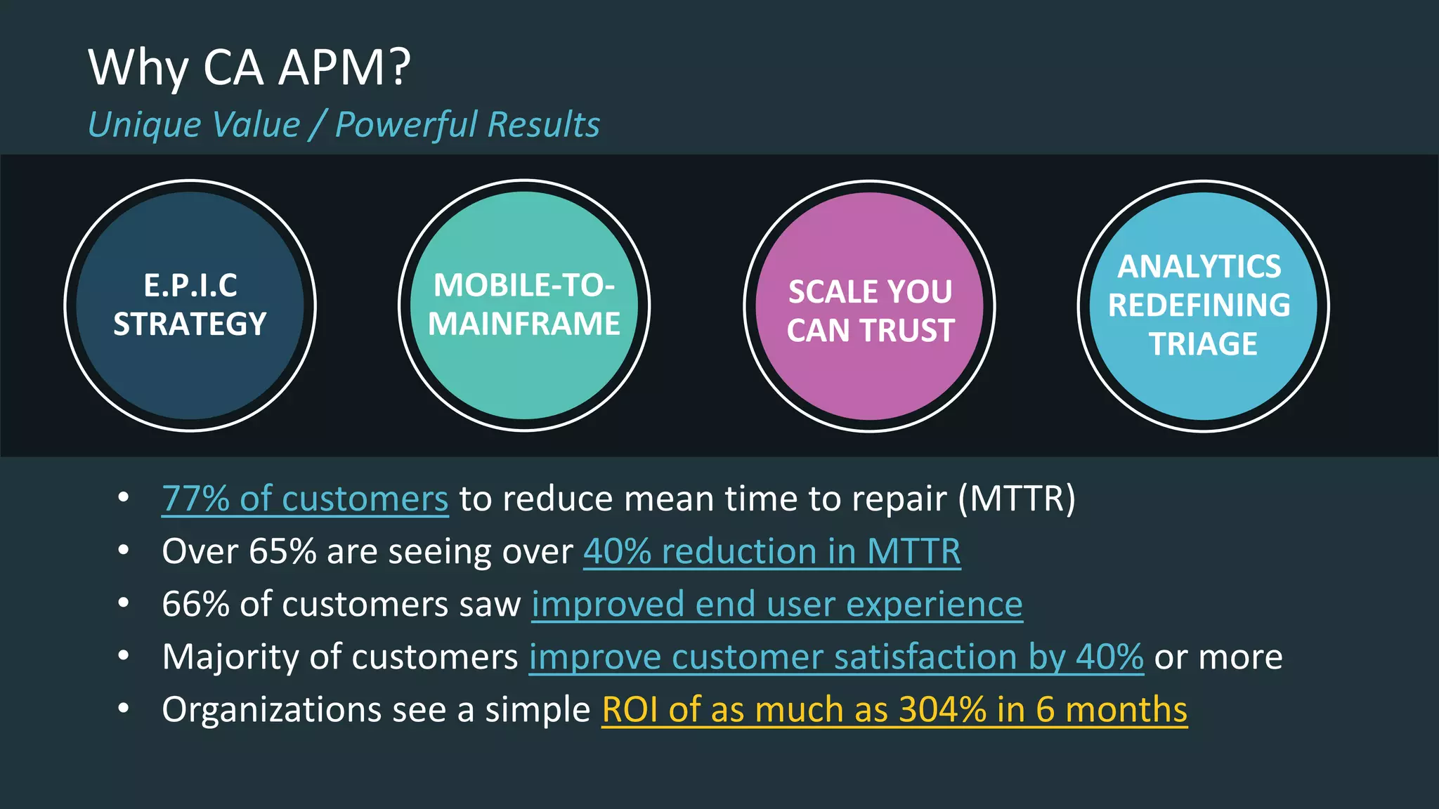 Why CA APM?
Unique Value / Powerful Results
MOBILE-TO-
MAINFRAME
SCALE YOU
CAN TRUST
ANALYTICS
REDEFINING
TRIAGE
E.P.I.C
STRATEGY
• 77% of customers to reduce mean time to repair (MTTR)
• Over 65% are seeing over 40% reduction in MTTR
• 66% of customers saw improved end user experience
• Majority of customers improve customer satisfaction by 40% or more
• Organizations see a simple ROI of as much as 304% in 6 months
 