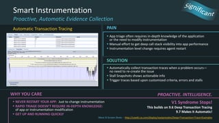  Automatically collect transaction traces when a problem occurs—
no need to re-create the issue
 Stall Snapshots shows actionable info
 Trigger traces based upon customized criteria, errors and stalls
SOLUTION
Smart Instrumentation
Proactive, Automatic Evidence Collection
 App triage often requires in-depth knowledge of the application
or the need to modify instrumentation
 Manual effort to get deep call stack visibility into app performance
 Instrumentation level change requires agent restart
PAIN
WHY YOU CARE
 NEVER RESTART YOUR APP: Just to change instrumentation
 RAPID TRIAGE DOESN’T REQUIRE IN-DEPTH KNOWLEDGE:
of app or instrumentation modification
 GET UP AND RUNNING QUICKLY
PROACTIVE. INTELLIGENCE.
V1 Syndrome Stops!
This builds on 9.6 Deep Transaction Tracing
9.7 Makes it Automatic!
More SI Screen Shots -- http://cawiki.ca.com/display/eastpresales/Deep+Transaction+Trace+Examples
Automatic Transaction Tracing
 