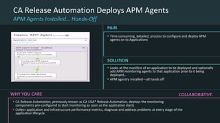  Looks at the manifest of an application to be deployed and optionally
add APM monitoring agents to that application prior to it being
deployed…
 APM agentry installed—all hands off
SOLUTION
CA Release Automation Deploys APM Agents
APM Agents Installed… Hands-Off
 Time-consuming, detailed, process to configure and deploy APM
agents on to Applications
PAIN
WHY YOU CARE
 CA Release Automation, previously known as CA LISA® Release Automation, deploys the monitoring
components pre-configured to start monitoring as soon as the application starts
 Collect application and infrastructure performance metrics, diagnose and address problems at every stage of the
application lifecycle
COLLABORATIVE.
 