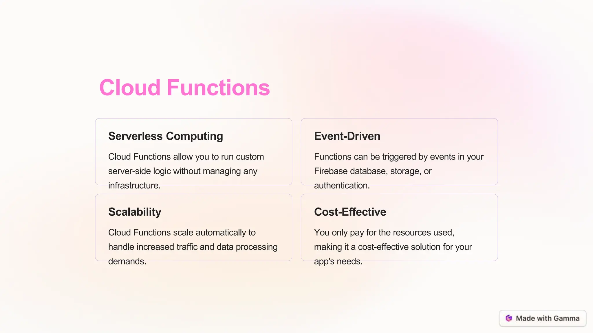 Cloud Functions
Serverless Computing
Cloud Functions allow you to run custom
server-side logic without managing any
infrastructure.
Event-Driven
Functions can be triggered by events in your
Firebase database, storage, or
authentication.
Scalability
Cloud Functions scale automatically to
handle increased traffic and data processing
demands.
Cost-Effective
You only pay for the resources used,
making it a cost-effective solution for your
app's needs.
 