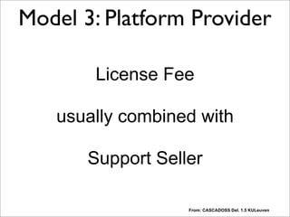 From: CASCADOSS Del. 1.5 KULeuven
License Fee
usually combined with
Support Seller
Model 3: Platform Provider
“Usually a license fee. However, the business model is mostly combined with a support seller model. In that case, the license fee will
cover access to support services together with the bundled product.”
 