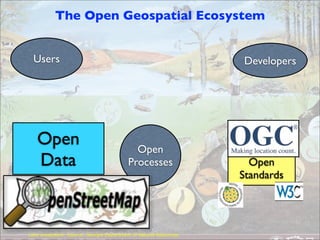 Lake ecosystem: Source: Georgia Department of Natural Resources
Users Developers
Open
Processes
The Open Geospatial Ecosystem
Open
Standards
Open
Data
Open Data: the OpenStreetMap or OSM can be somewhat compared to Wikipedia, in the sense that
users are jointly gathering geodata via crowdsourcing to build a map of the entire world. But in
essence OSM is about the data itself as a map is just a speciﬁc rendering of the data. Think of other
apps like routing and geocoding. Other open data sources are more and more governments like via
PDOK www.pdok.nl in the Netherlands making their geodata available via webservices (WMS/WFS) or
downloads. Within the EU the INSPIRE initiative is a great driver for this movement. How is your
country doing?
 