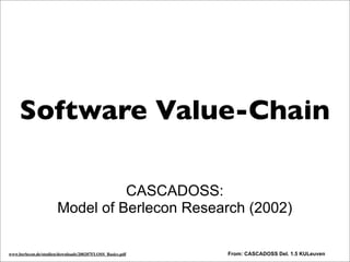 CASCADOSS:
Model of Berlecon Research (2002)
Software Value-Chain
From: CASCADOSS Del. 1.5 KULeuvenwww.berlecon.de/studien/downloads/200207FLOSS_Basics.pdf
The SVC was taken from an earlier study from Berlecon als available on the net. But I will lead you
through the essentials.
 