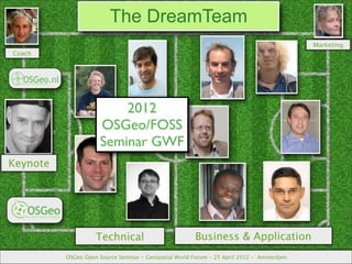 68
Coach
The DreamTeam
Keynote
Technical Business & Application
OSGeo Open Source Seminar - Geospatial World Forum - 25 April 2012 - Amsterdam
Marketing
Coach
2012
OSGeo/FOSS
Seminar GWF
 