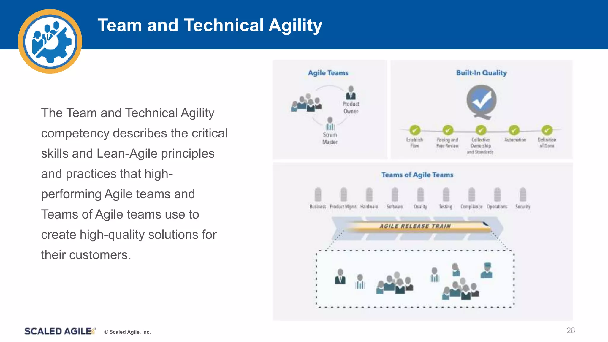 © Scaled Agile. Inc.
Team and Technical Agility
The Team and Technical Agility
competency describes the critical
skills and Lean-Agile principles
and practices that high-
performing Agile teams and
Teams of Agile teams use to
create high-quality solutions for
their customers.
28
 