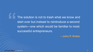 © Scaled Agile. Inc.
© Scaled Agile, Inc. 11
The solution is not to trash what we know and
start over but instead to reintroduce a second
system—one which would be familiar to most
successful entrepreneurs.
—John P. Kotter
 