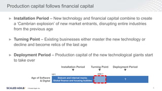 © Scaled Agile. Inc.
Production capital follows financial capital
► Installation Period – New technology and financial capital combine to create
a ‘Cambrian explosion’ of new market entrants, disrupting entire industries
from the previous age
► Turning Point – Existing businesses either master the new technology or
decline and become relics of the last age
► Deployment Period – Production capital of the new technological giants start
to take over
Dotcom and internet mania;
Global finance and housing bubbles
?
Age of Software
& Digital
1971 2000-?
Turning Point Deployment Period
Installation Period
4
 