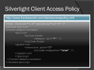 Silverlight Client Access Policy <?xml version="1.0" encoding="utf-8" ?>  <access-policy> <cross-domain-access> <policy> <allow-from>     <domain uri=" * " />      </allow-from> <grant-to>     <resource path=" / "  include-subpaths=" true " />  </grant-to>     </policy>   </cross-domain-access> </access-policy> http://www.franksworld.com/clientaccesspolicy.xml 
