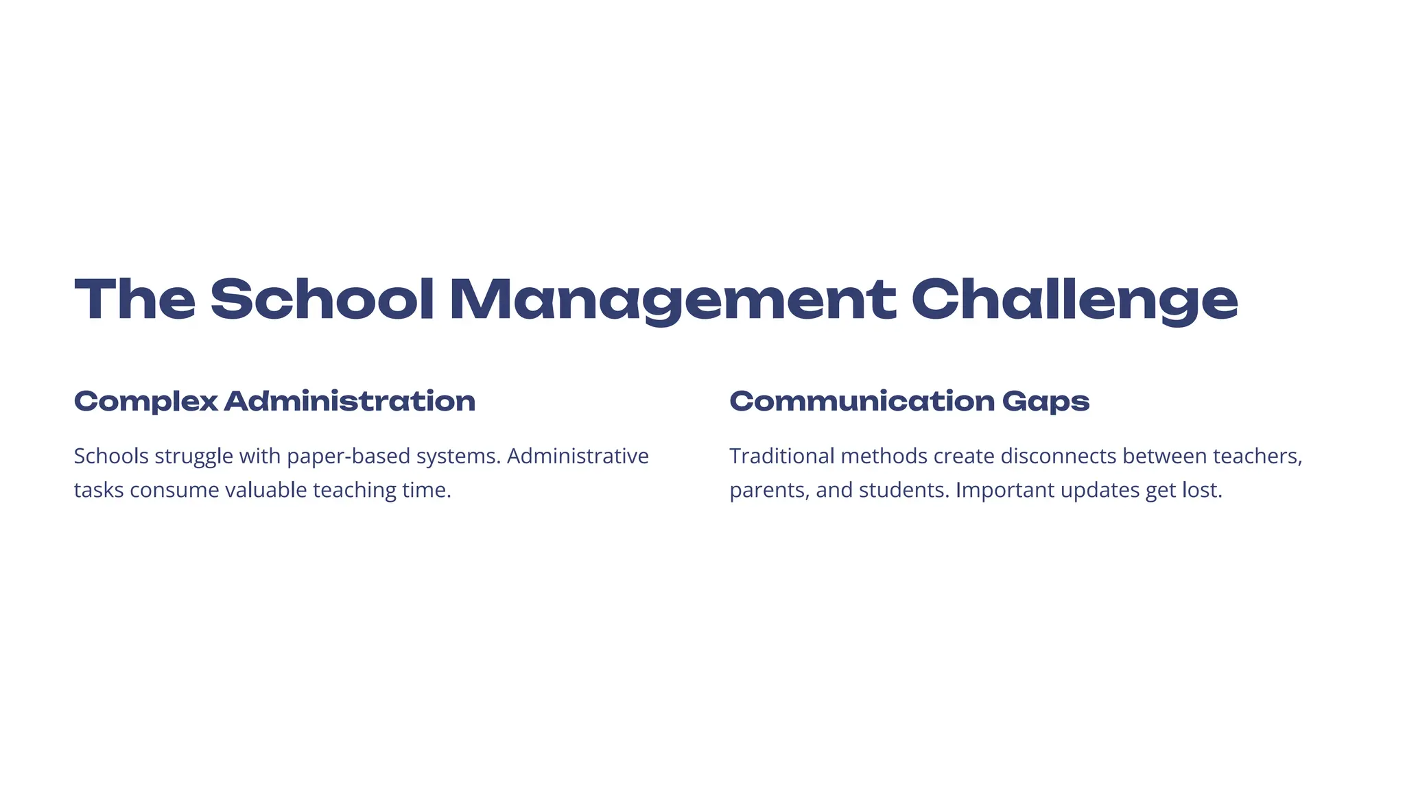 The School Management Challenge
Complex Administration
Schools struggle with paper-based systems. Administrative
tasks consume valuable teaching time.
Communication Gaps
Traditional methods create disconnects between teachers,
parents, and students. Important updates get lost.
 
