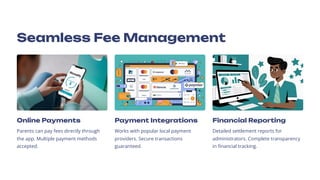 Seamless Fee Management
Online Payments
Parents can pay fees directly through
the app. Multiple payment methods
accepted.
Payment Integrations
Works with popular local payment
providers. Secure transactions
guaranteed.
Financial Reporting
Detailed settlement reports for
administrators. Complete transparency
in financial tracking.
 