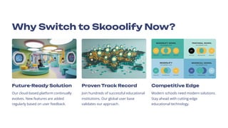 Why Switch to Skooolify Now?
Future-Ready Solution
Our cloud-based platform continually
evolves. New features are added
regularly based on user feedback.
Proven Track Record
Join hundreds of successful educational
institutions. Our global user base
validates our approach.
Competitive Edge
Modern schools need modern solutions.
Stay ahead with cutting-edge
educational technology.
 