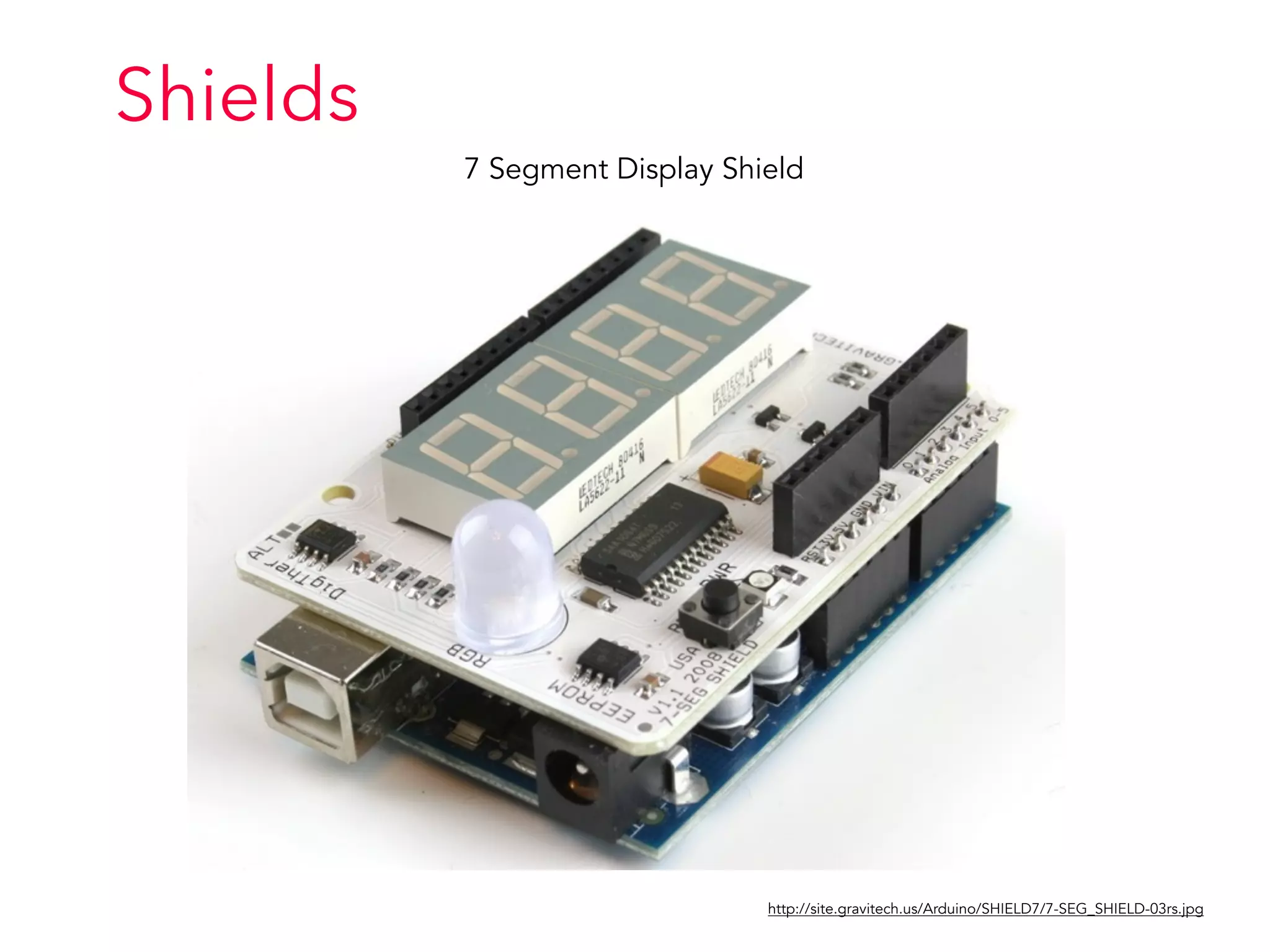 Shields
7 Segment Display Shield
http://site.gravitech.us/Arduino/SHIELD7/7-SEG_SHIELD-03rs.jpg
 
