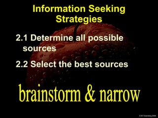 Information Seeking Strategies 2.1 Determine all possible  sources 2.2 Select the best sources brainstorm & narrow 