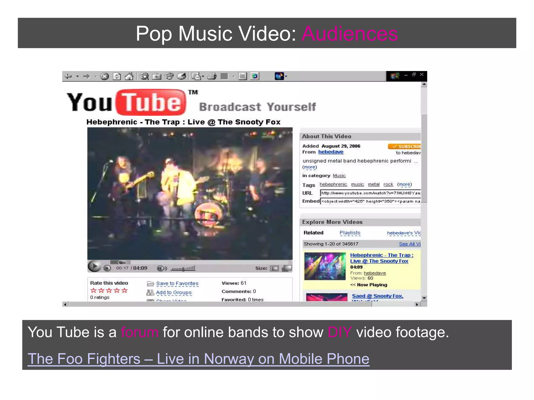 Pop Music Video:AudiencesYou Tube is a forum for online bands to show DIY video footage.The Foo Fighters – Live in Norway on Mobile Phone