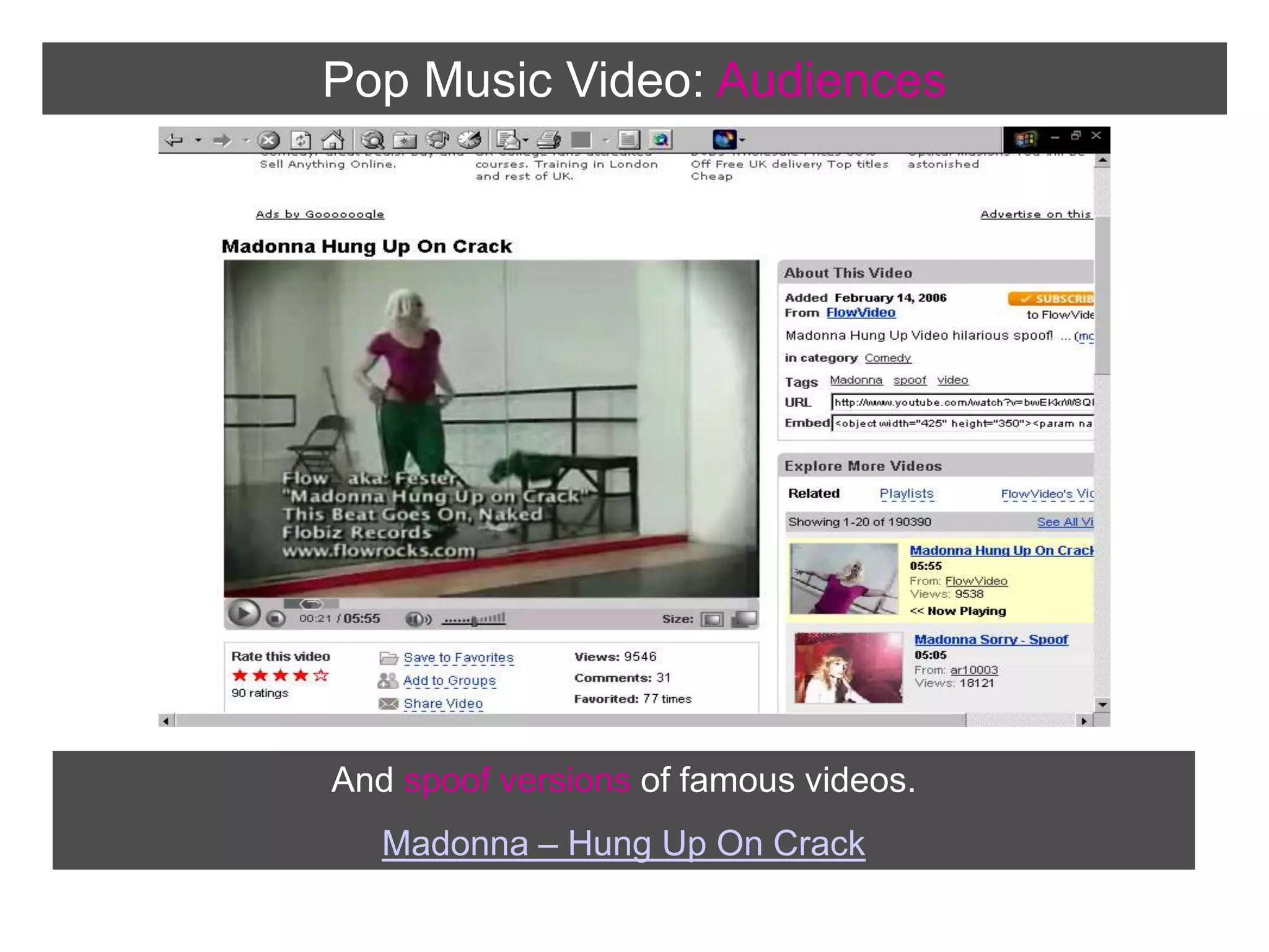Pop Music Video:AudiencesAnd spoof versions of famous videos. Madonna – Hung Up On Crack