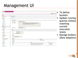 Management UI 
ƒ To define 
buckets 
ƒ Update running 
queries without 
resetting 
current 
execution 
states 
ƒ Manage brokers 
(Data adopters) 
 