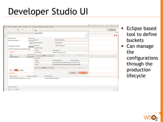 Developer Studio UI 
ƒ Eclipse based 
tool to define 
buckets 
ƒ Can manage 
the 
configurations 
through the 
production 
lifecycle 
 