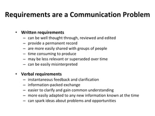 Requirements are a Communication Problem Written requirements   can be well thought through, reviewed and edited provide a permanent record are more easily shared with groups of people time consuming to produce  may be less relevant or superseded over time can be easily misinterpreted Verbal requirements instantaneous feedback and clarification information-packed exchange easier to clarify and gain common understanding more easily adapted to any new information known at the time can spark ideas about problems and opportunities 
