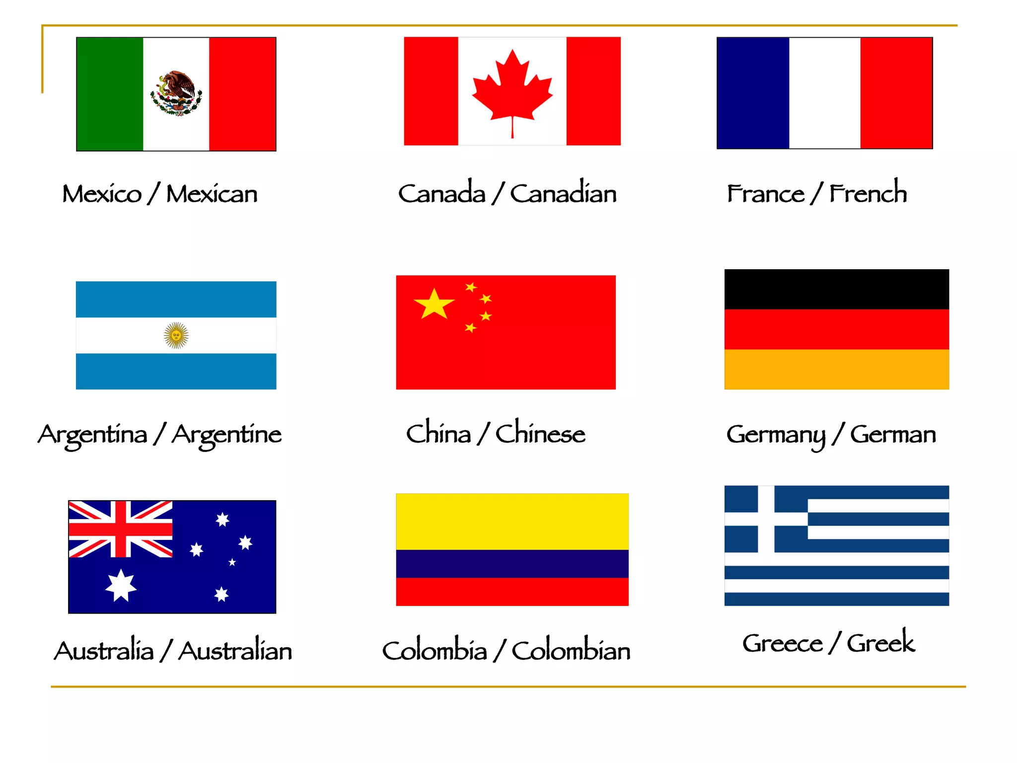 Mexico / Mexican Argentina / Argentine Australia / Australian Canada / Canadian China / Chinese Colombia / Colombian France / French Germany / German Greece / Greek 