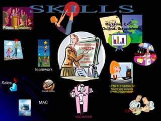 Marketing, Excel,              phy
Public Speaking                                         Outlook, Spreadsheets hoto gr a
                                                                             P


 Child                              Presentations By:
 care                                 LYNETTE
                                                                                    Gourmet Cook
                                          Cell:
                                          212-                                      Household Mgr.
                                       203-6312

                  teamwork


Sales
                                                            LYNETTE SCHULTZ
                                                             Face of your Company
                     Social media                           Lynette212@gmail.com




                   MAC

                                                                         CPR
                                    VOLUNTEER
 