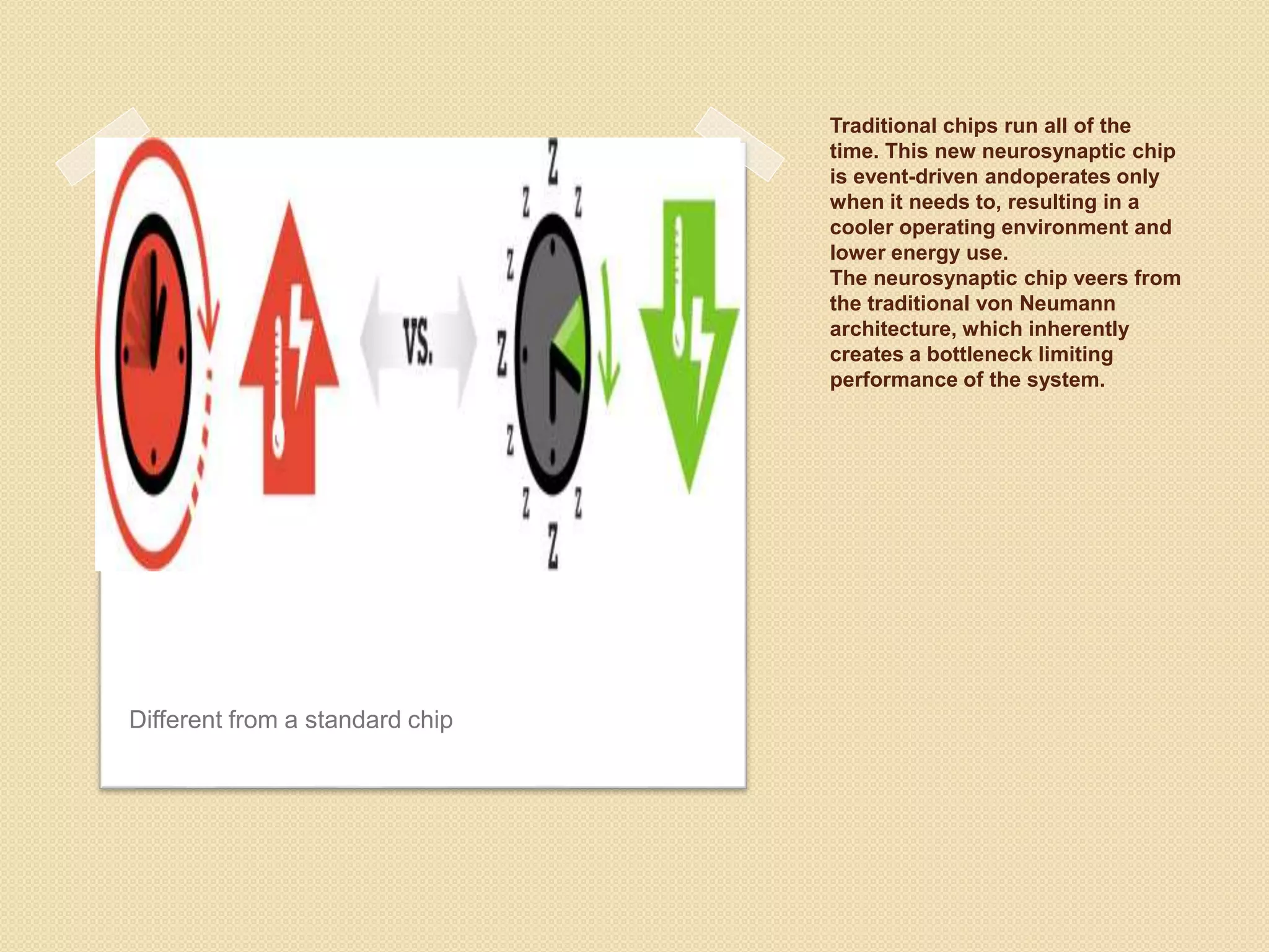 Traditional chips run all of the
time. This new neurosynaptic chip
is event-driven andoperates only
when it needs to, resulting in a
cooler operating environment and
lower energy use.
The neurosynaptic chip veers from
the traditional von Neumann
architecture, which inherently
creates a bottleneck limiting
performance of the system.
Different from a standard chip
 