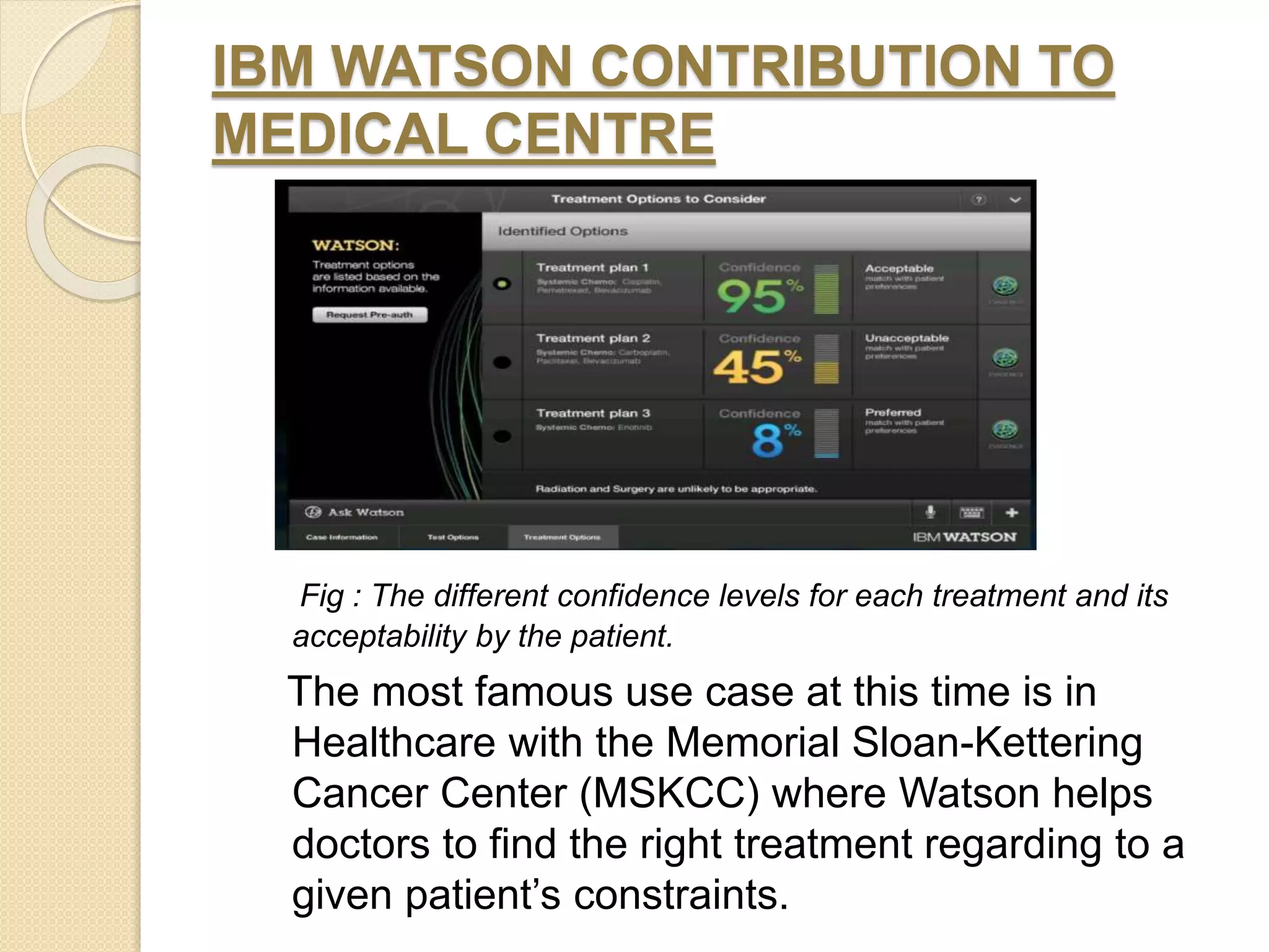 IBM WATSON CONTRIBUTION TO
MEDICAL CENTRE
Fig : The different confidence levels for each treatment and its
acceptability by the patient.
The most famous use case at this time is in
Healthcare with the Memorial Sloan-Kettering
Cancer Center (MSKCC) where Watson helps
doctors to find the right treatment regarding to a
given patient’s constraints.
 